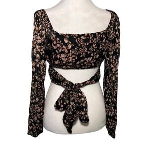 Floral Coquette Boho Crop Top Small Plisse Long Sleeve Bow Black Cottage Fairy